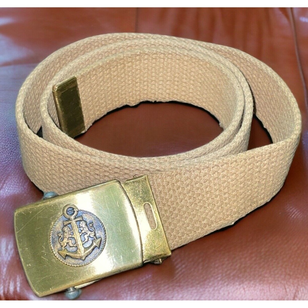 Merit Navy Anchor Solid Brass Belt With Buckle USA 36” Adjustable Beige Vintage